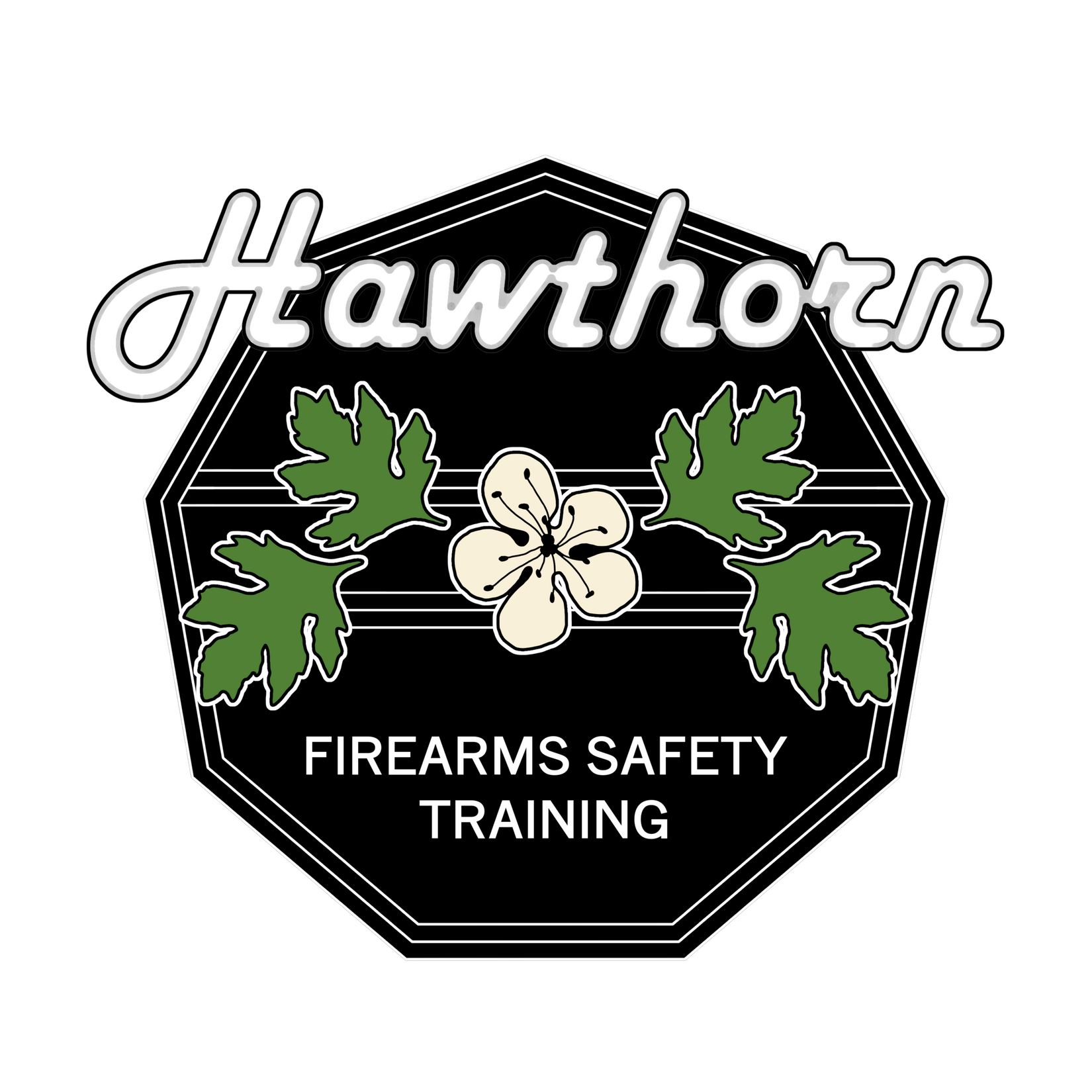 The Hawthorn Firearms Safety Training Logo: a black nonagon with the word "Hawthorn" at the top in white text with a rounded font, above four green hawthorn leaves and an off-white hawthorn flower. At the bottom, white text reads "firearms safety training"